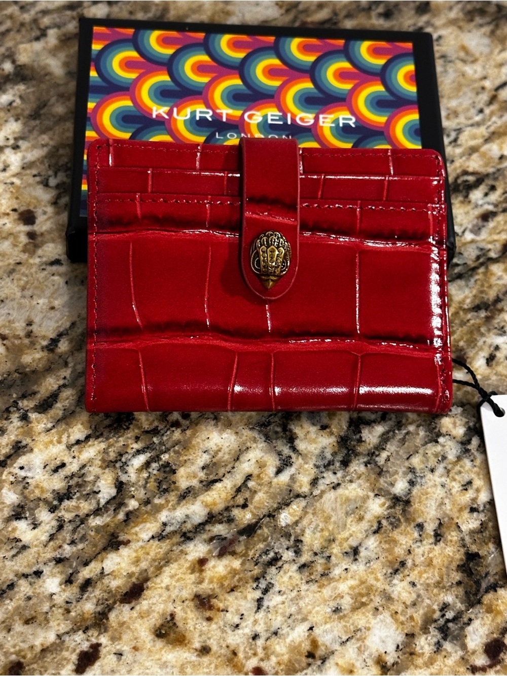 Kurt Geiger Glossy Red Croc-Embossed Leather Wallet with Gold Emblem